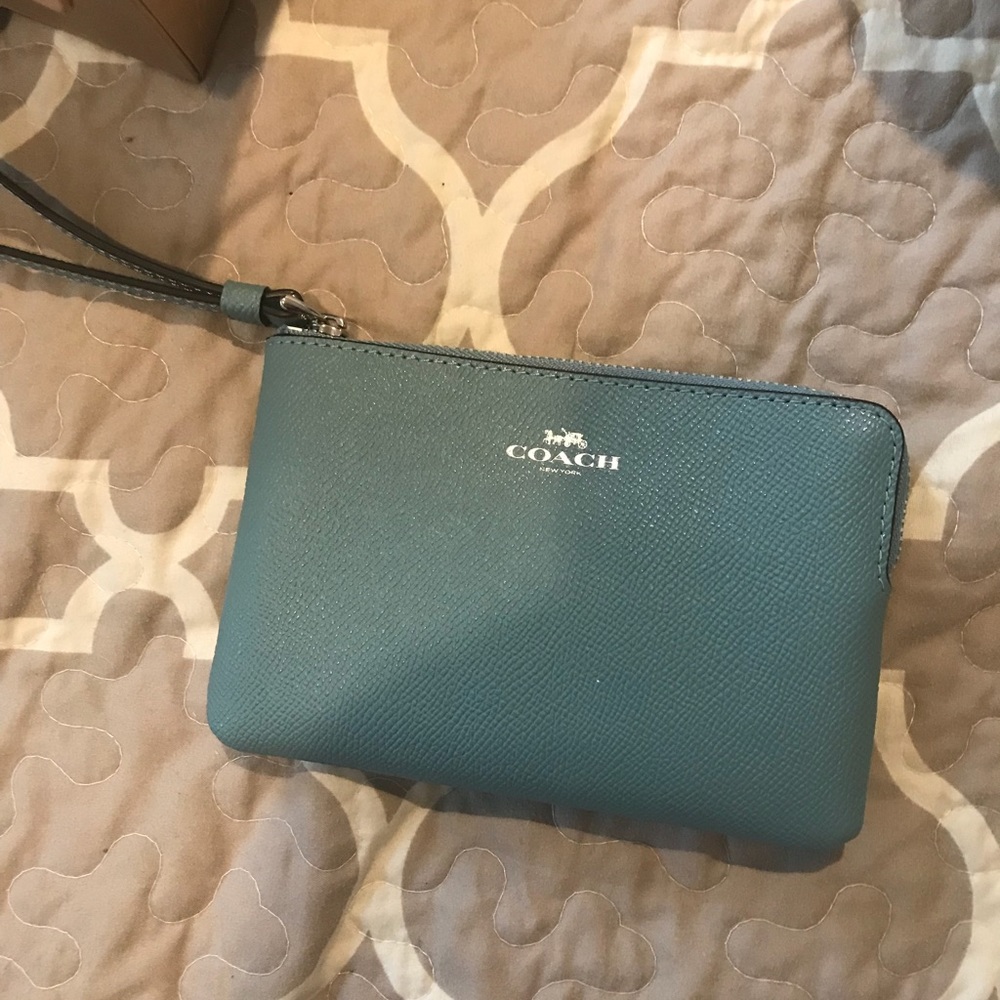 NWT Coach teal wristlet with gift box